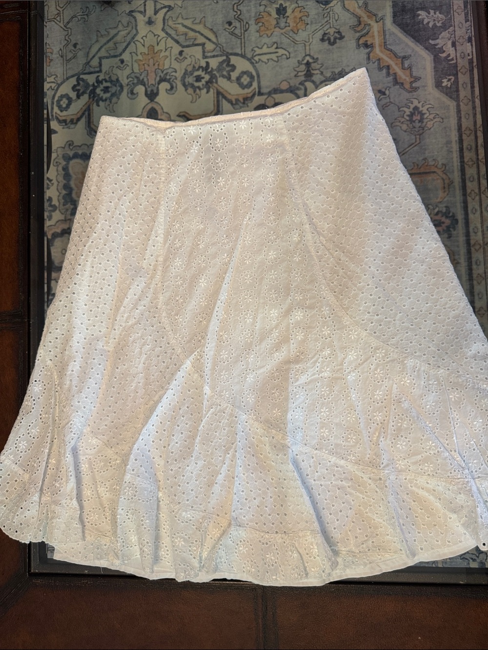 Vintage Sears Apostrophe White Eyelet A-Line Midi Skirt with Flounced Hem